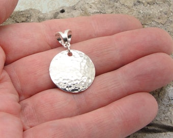 Small Hammered Disc Pendant in Sterling Silver in 3/4 Inch Diameter and 1 1/4 Inch Length with Bail and No Chain