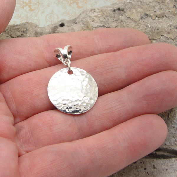 Small Hammered Disc Pendant in Sterling Silver in 3/4 Inch Diameter and 1 1/4 Inch Length with Bail and No Chain