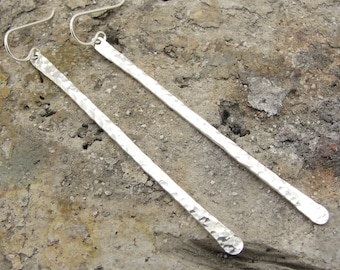 Long Hammered Stick Earrings in Sterling Silver in Organic Freeform Style in Almost 3 Inch Length