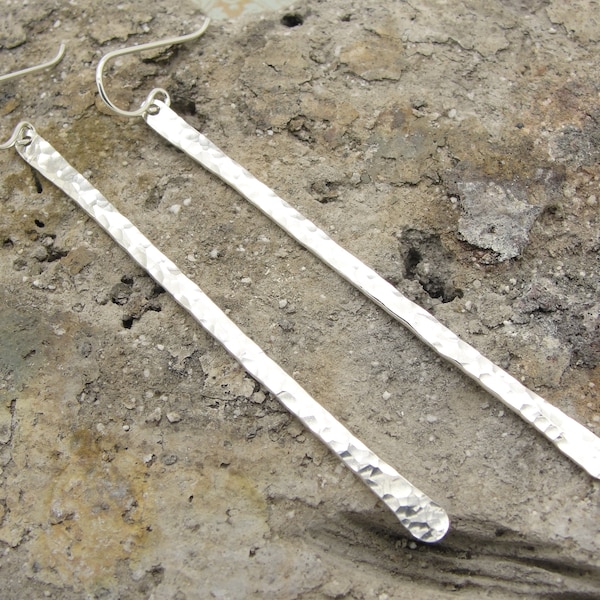 Long Hammered Stick Earrings in Sterling Silver in Organic Freeform Style in Almost 3 Inch Length