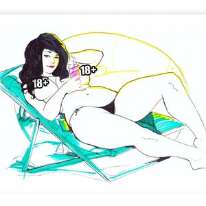 Pool side Brunette Pinup Print | Sexy Summer Girl Art | Mature Content
