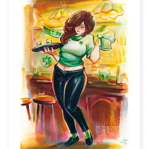 Irish barmaid Pinup Print | Sexy Redhead St. Paddy&#39;s Art | Mature Content