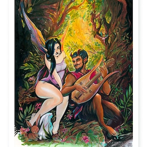 Impresión artística de una serenata de sátiro / Pin-up de hadas de fantasía / Obra de arte para adultos