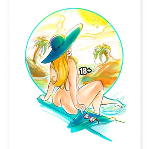 Pool side Blonde Pinup Print | Sexy Summer Girl Art | Mature Content