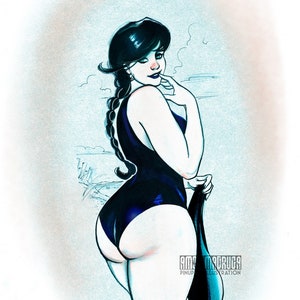 Goth Girl Beach Bod Pinup Print  | Sexy Gothic Art | Mature Content