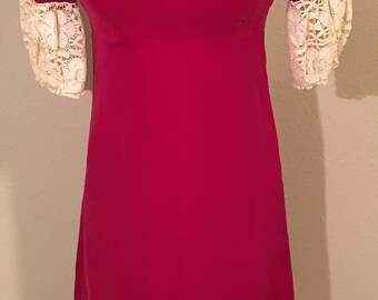 Vintage 1960-70s Era Velveteen Dress with Lace Sleeves - Size XS-S - Raspberry Pink - Cream Lace - Front Scoop Neck - Full Zip Back