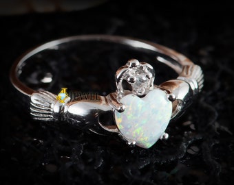 Ladies Claddagh Ring Sterling Silver with Heart Opal, Rhodium Plated, Rose Gold Tone Plated, White Opal, Clear White CZ, Pink CZ