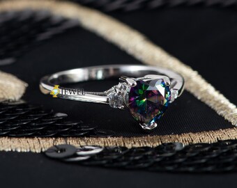 Mystic/Rainbow Topaz Heart CZ Ring, Blue Topaz Ring, Rhodium Plated .925 Sterling Silver Ring, Ladies Engagement Ring, November Birthstone