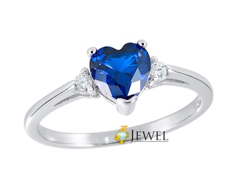 Simulated Blue Sapphire Heart CZ Ring, Rhodium Plated .925 Sterling Silver Heart CZ Ring, Ladies Engagement Ring, September Birthstone Ring