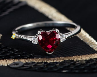 Simulated Ruby Red Heart CZ Ring, Rhodium Plated .925 Sterling Silver Heart CZ Ring, Ladies Engagement Ring, July Birthstone Ring