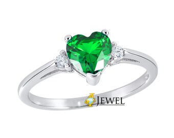 Emerald Heart CZ Ring, Rhodium Plated .925 Sterling Silver Ladies Green Heart CZ Ring, Ladies Engagement Ring, May Birthstone Ring