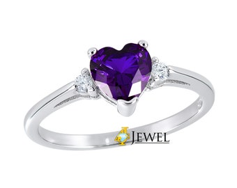 Amethyst Heart CZ Ring, Rhodium Plated .925 Sterling Silver Heart Ring, Ladies Engagement Ring, February Birthstone Ring