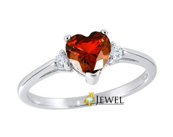 Simulated Garnet Heart CZ Ring, Rhodium Plated .925 Sterling Silver Ladies Heart CZ Ring, Ladies Engagement Ring, January Birthstone Ring