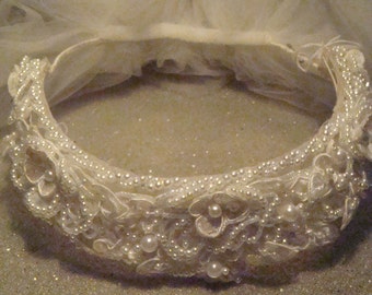 Vintage White WEDDING VEIL BEADED Headband Flowers and Pearls With Short Tulle