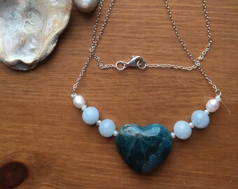 Puff heart necklace - azurite, morganite, pearl and sterling silver