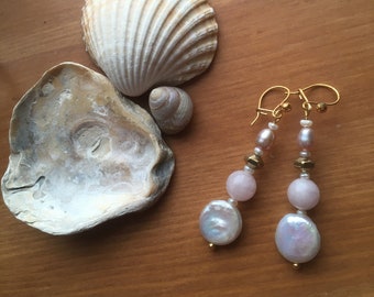 Pink and white gemstone gold earrings