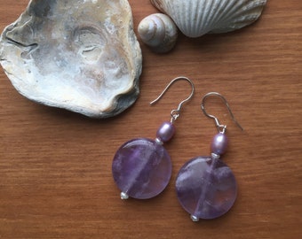 Agate, Amethyst, pearl and sterling silver earrings