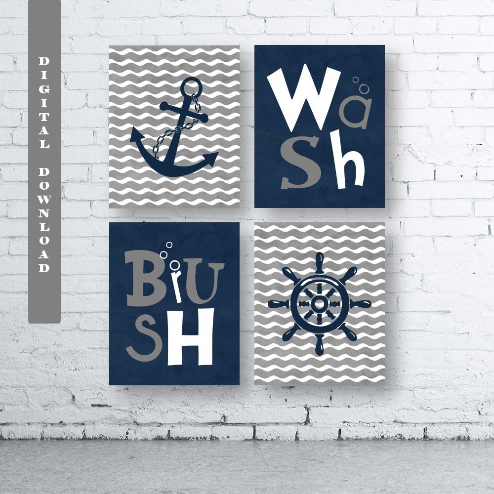 Navy and Grey Nautical Bathroom Wall Art Prints Set of Four Etsy