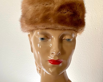 Vintage 1960s HALLE Bros Mink Fur and Satin Pillbox Hat | Mid Century Modern  | Buff Beige Soft Fur