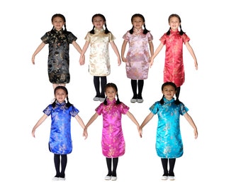 Girls Flower Oriental Chinese Dress Qipao Cheongsam with Purse 9M to 14 Years