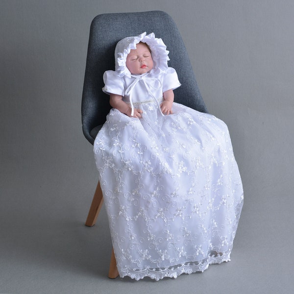 Tradition Baby Long White Ivory Lace Christening Gown Bonnet 0-3 3-6 6-9 Months