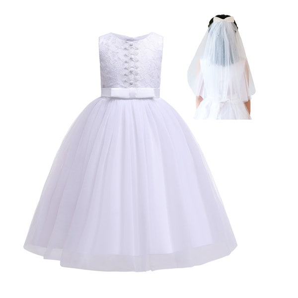 White Lace Bridesmaid Dress Holy Communion Dress with Veil 7-13 Years