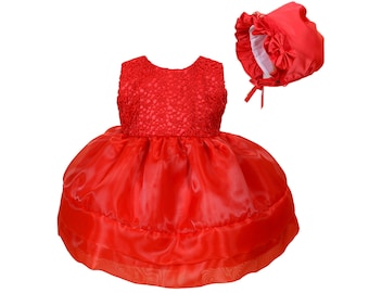 Baby Girls Party Dress with Bonnet Red Pink 0 3 6 9 12 18 24 Months