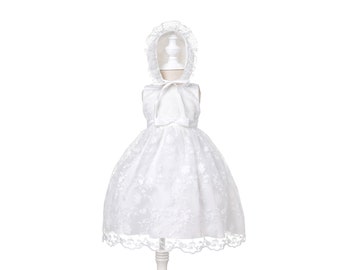 Lace Christening Gown Party Dress and Bonnet 0 3 6 9 12 18 Months