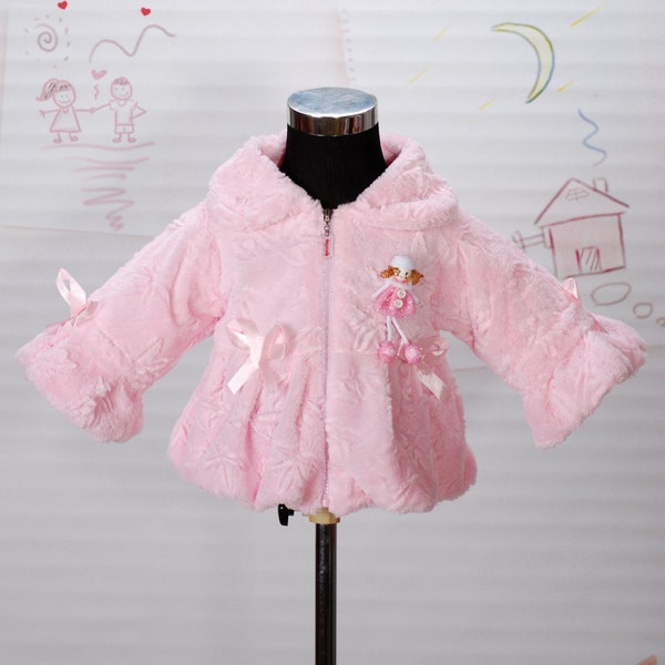 Girls faux fur 3/4 sleeved coat ivory pink 2 3 4 5 6 7 Years