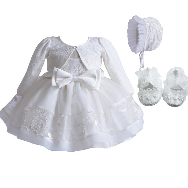 Robe de soirée ivoire pour bébé fille, boléro, bonnet et chaussures 0 3 6 9 12 mois