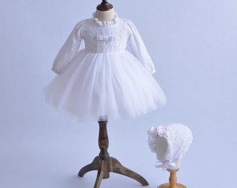 Long Sleeve Lace Christening Party Dress and Bonnet