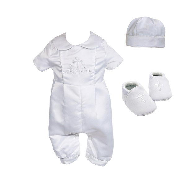 Baby Boys White Satin Christening Suit Romper Set Hat Shoes 0 3 6 9 12 Months