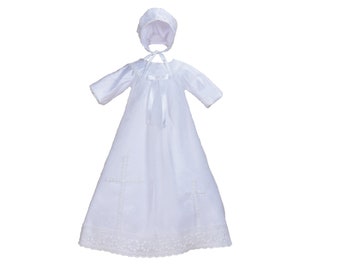 Baby Girls White Satin Long Sleeves Christening Gown and Bonnet