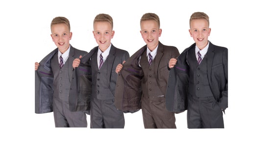 5 Piece Checked Boys Suits Wedding Prom PageBoy Suit Navy Blue Beige 2-12 Year