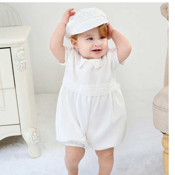 Boys White Satin Christening Romper Set Hat 3 6 9 12 18 Months