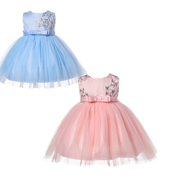 Baby Girls Embroidered Floral Party Dress Pink Blue 0 3 6 12 18 24 Months