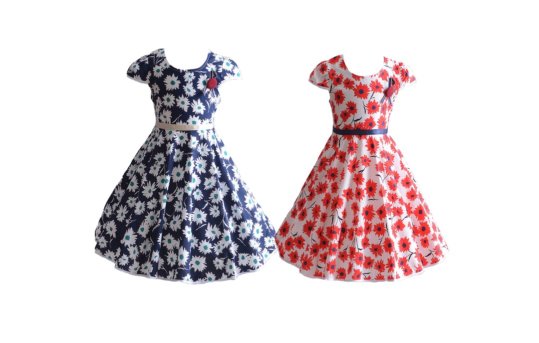 Girls Daisy Summer Cotton Party Dress Blue Red Etsy UK