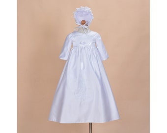 Baby Girl Ivory White Satin Long Sleeve Christening Gown Bonnet 0 3 6 9 12 Months