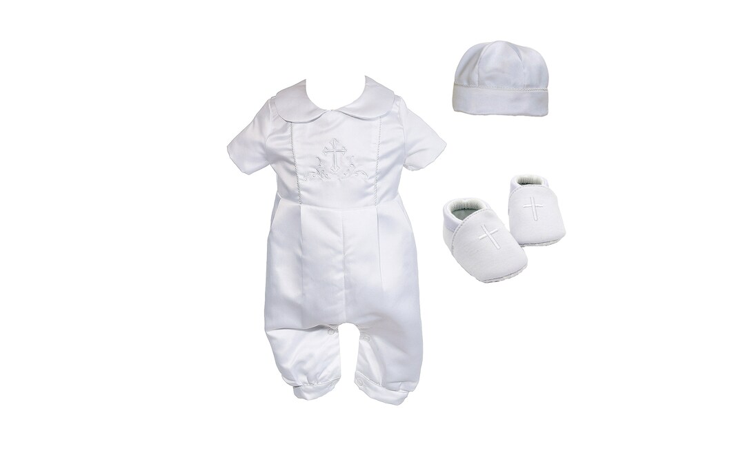 Boys White Satin Christening Romper Set Hat Shoes 0 3 6 9 12 Etsy