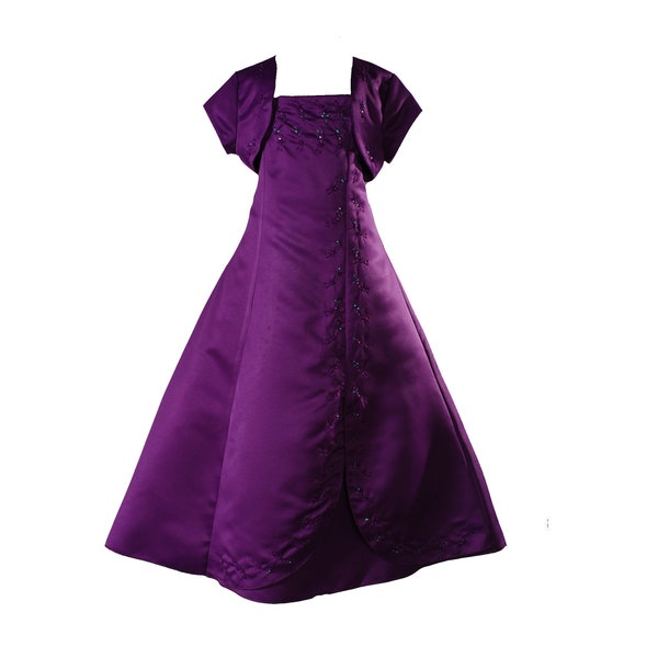 Girls Purple Satin Prom Party Bridesmaid Dress 2 to 13 Years