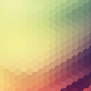 May include: Abstract geometric pattern featuring a gradient of colors. The design is composed of numerous hexagonal shapes, transitioning from yellow to orange, green, and finally, deep purple. The overall effect is a smooth, colorful, and modern design.