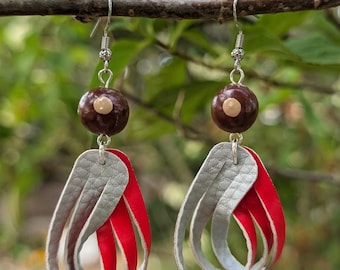 Scarlet and grey leather earrings