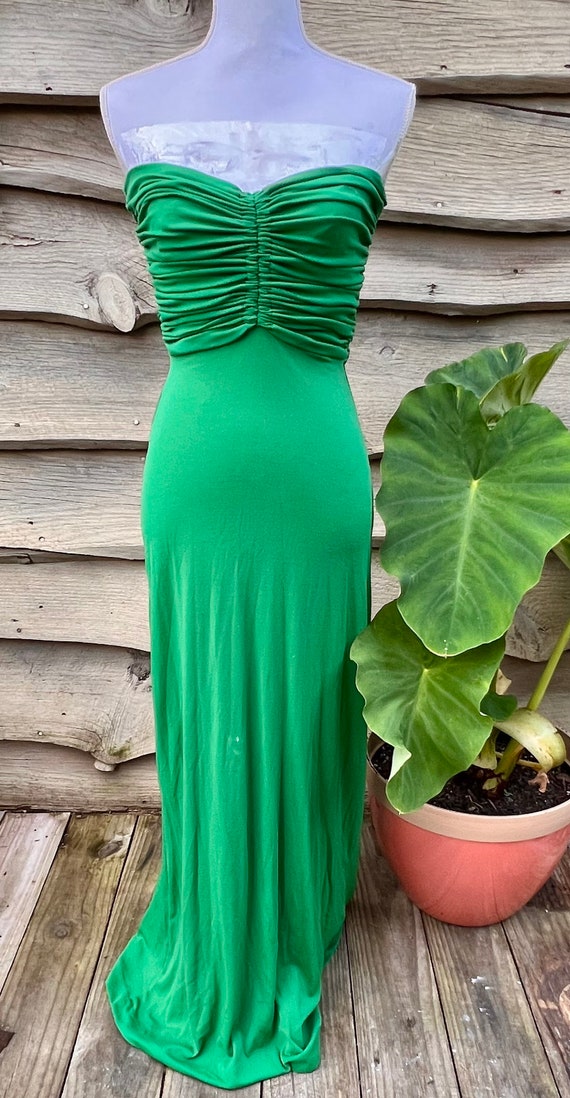 1970's Green Jersey Ruched Strapless Maxi Dress
