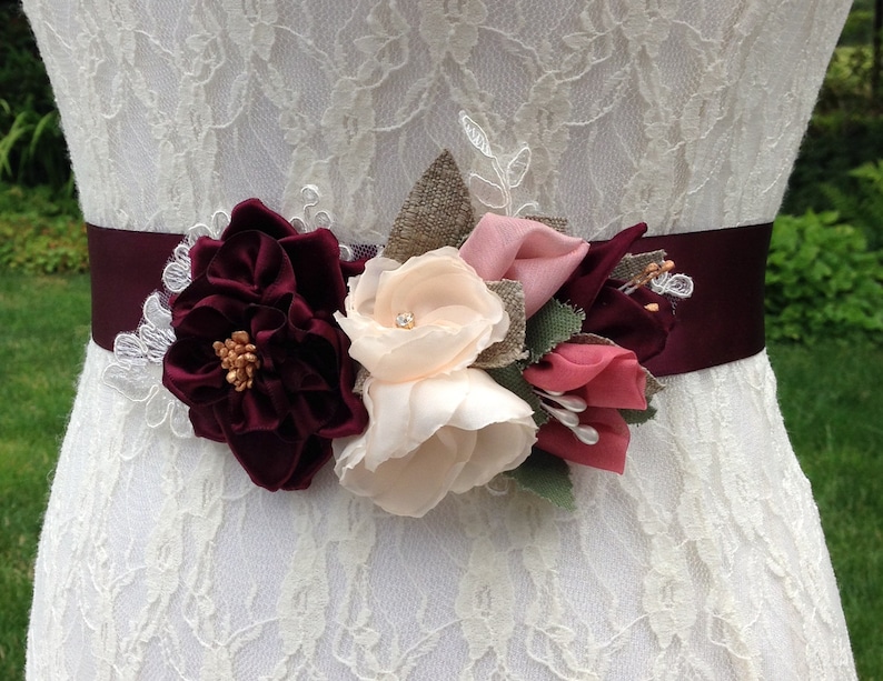 Floral Bridal Sash in Burgundy Blush 0122NW and Pink with Ribbonwork Rose /& Buds on Lace Applique Burgundy Wine Wedding Dress Sash Belt