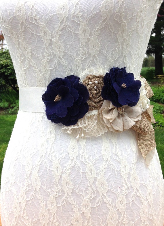 Rustic Navy Wedding Dress Sash Belt Country Chic Beige And Etsy