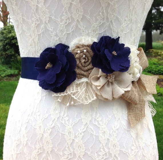Rustic Navy Wedding Dress Sash Belt Country Chic Beige And Etsy