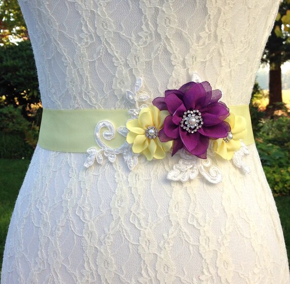 Floral Bridal Sash Purple Flower Sash Belt Purple And Yellow Etsy