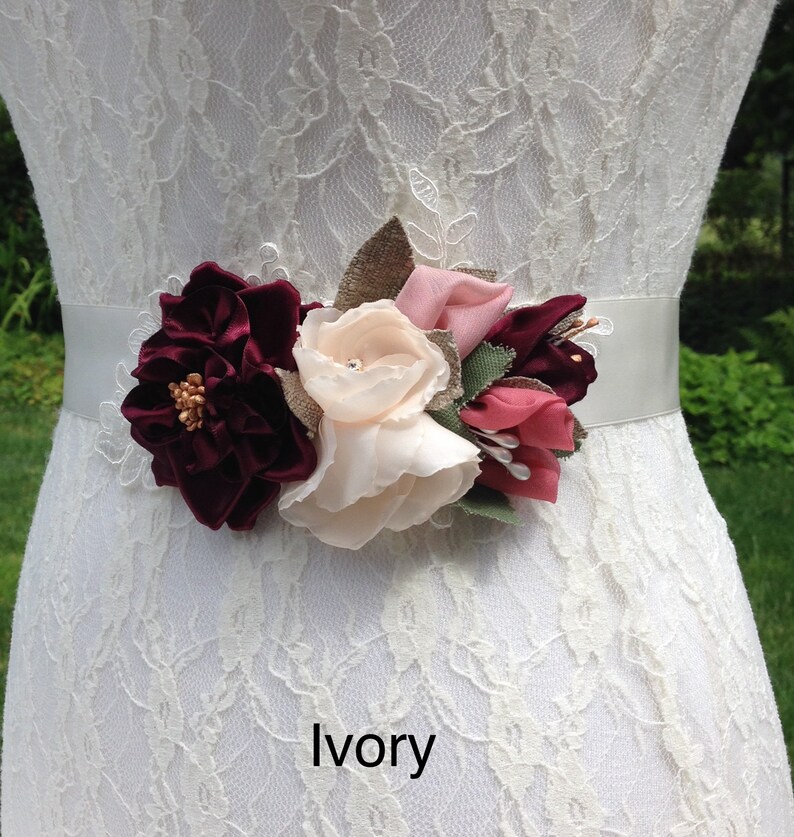 Floral Bridal Sash in Burgundy Blush 0122NW and Pink with Ribbonwork Rose /& Buds on Lace Applique Burgundy Wine Wedding Dress Sash Belt