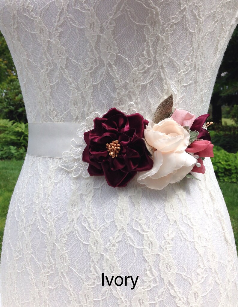 Floral Bridal Sash in Burgundy Blush 0122NW and Pink with Ribbonwork Rose /& Buds on Lace Applique Burgundy Wine Wedding Dress Sash Belt
