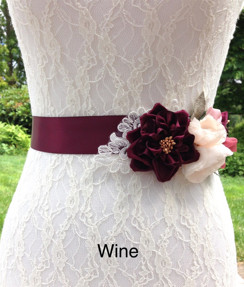Floral Bridal Sash in Burgundy Blush 0122NW and Pink with Ribbonwork Rose /& Buds on Lace Applique Burgundy Wine Wedding Dress Sash Belt